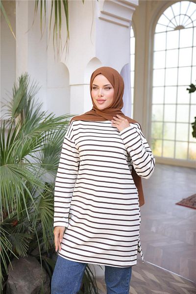 Bwest O Neck Horizontal Stripes Long Sleeve Short Slit Tunic - (38-46) - 71295 - Brown