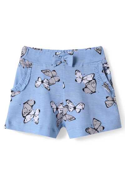Babyhug Cotton Knit Shorts With Butterfly Print - Light Blue
