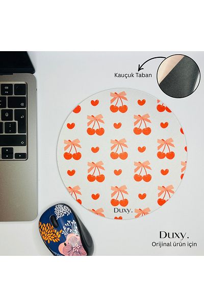 Duxy Cherry Pattern Rubber Mouse Pad, 19 Cm, Non-Slip Base, Comfortable and Soft Mousepad for Home Office and Gaming