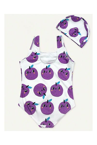 SAPS All Over Floral Printed Sleeveless V Cut Swimsuit with Cap - White/Purple