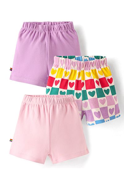Bonfino 100% Cotton Heart Printed and Solid Shorts (Pack of 3) - Purple, Pink