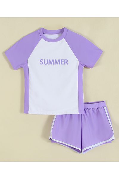 SAPS Summer Graphic Swim T-Shirt and Shorts Set - Purple/White