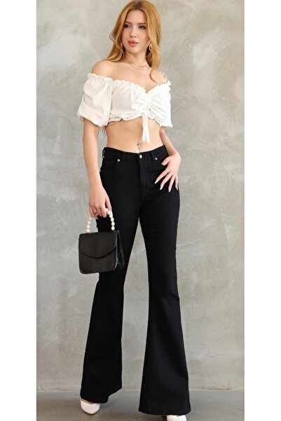 Weak Blue Kadın Yüksek Bel İspanyol Paça Siyah Denim Likralı Jean Pantolon