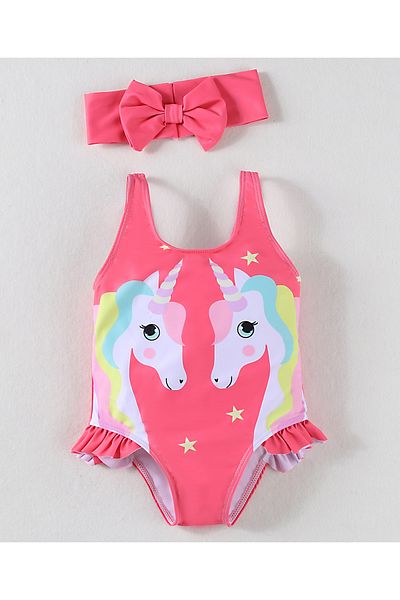 SAPS Unicorn Printed V-Cut Swimsuit with Headband - Fushcia