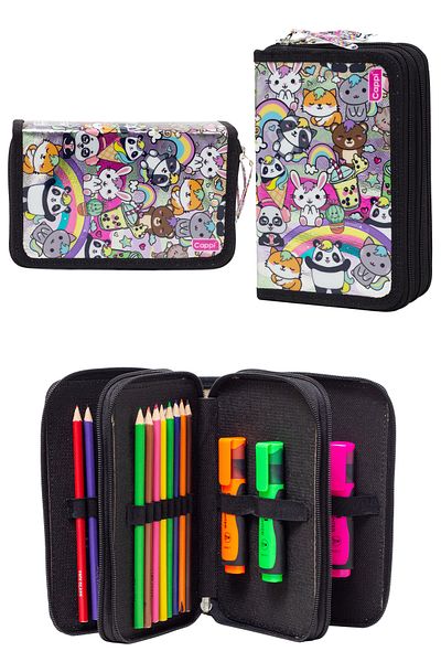 KAFF Black Characters Patterned Pvc Three Compartment Girl's Organizer Pen Holder Pencil Case -Cp7002