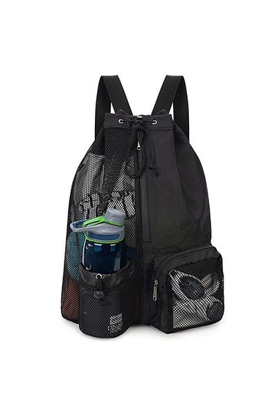DUTRIEUX Black Swim Bag Mesh Drawstring Backpack with Wet Pocket Multipurpose Beach Backpack for Swimming, Gy