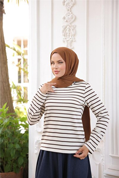 Bwest O Neck Horizontal Stripes Long Sleeve Short Slit Short Tunic - (38-46) - 71296 - Brown