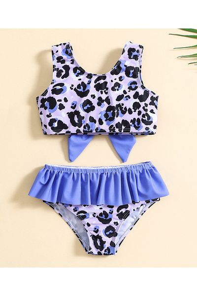 SAPS Leopard Print Two Piece Swimsuit with Bow Detail - Blue/Purple