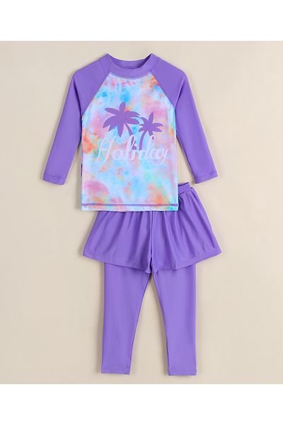 SAPS Holiday Theme Print Tie Dye Full Raglan Sleeves Quick Drying Two Piece Swimsuit - Purple