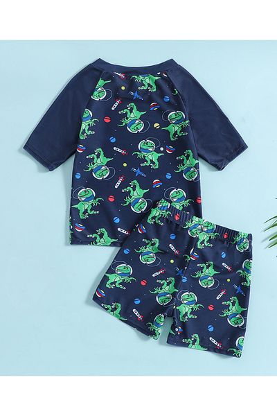 SAPS All Over Dino Printed Swim T-Shirt and Shorts Set - Navy