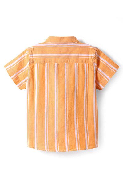Babyhug Cotton Knit Half Sleeves Mandarin Collar Striped Shirt - Orange