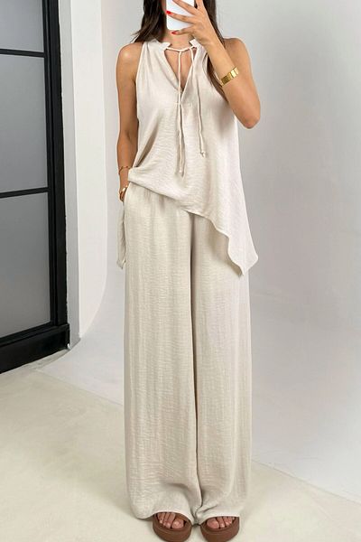 Suzi Boyundan Tie-Up Asymmetric Cut Bluz Pant Suit 51182