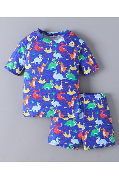 SAPS All Over Dino Printed Swim T-Shirt and Shorts Set - Blue