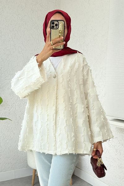 Salih Çelebi Kimono cu ciucuri pătrate 2376 - ECRU