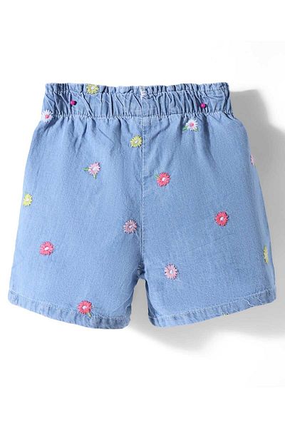 Babyhug Denim Mid Thigh Shorts With Floral Embroidery - Blue