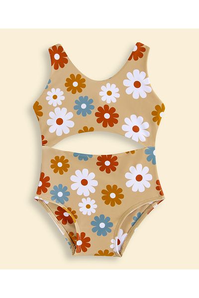 SAPS All Over Floral Printed V Cut Swimsuit - Brown
