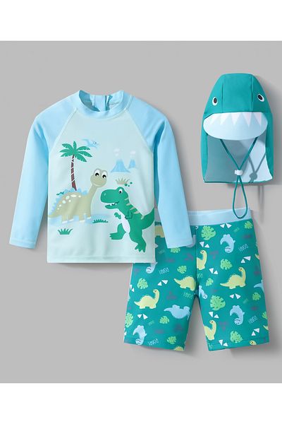 SAPS Dinosaur Printed Sun Top With Swim Shorts and Cap - Green/Blue
