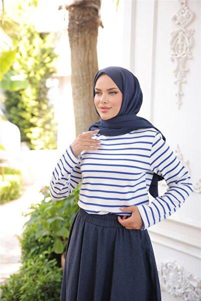 Bwest O Neck Horizontal Stripes Long Sleeve Short Slit Short Tunic - (38-46) - 71296 - Saks