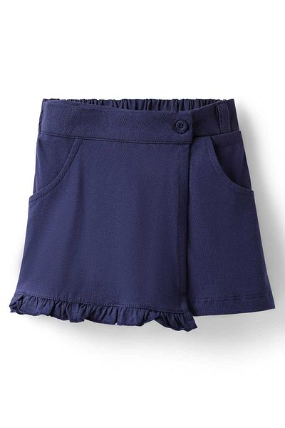 Honeyhap Premium 100% Cotton Knit Above Knee Length Solid Color Skort Frill Detailing - Navy Peony