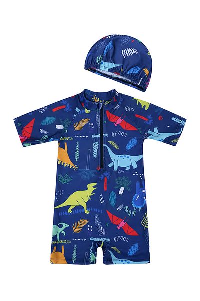 SAPS Dino Printed Legged Swimsuit With Cap - Blue
