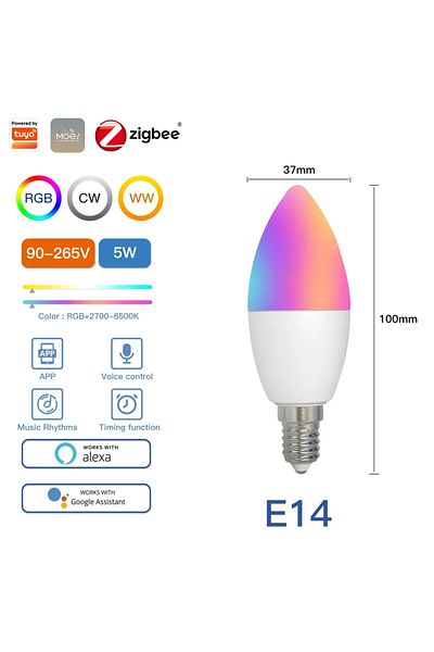 MOES Zigbee E14 5W WiFi Zigbee LED Light Bulb GU10 E27 E14 Candle Lamp Smart RGB RCW 2700-6500K