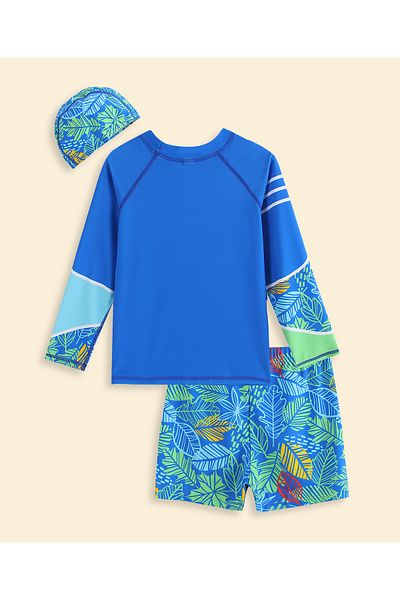 SAPS Leaf Printed Two Piece Swimsuit with Cap - Blue