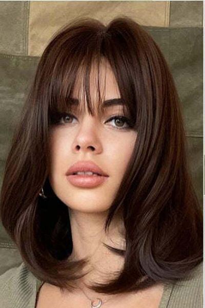 WildFashion Dark brown wig, long loose bob with bangs PER117-8888