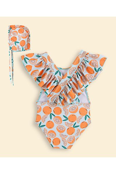 SAPS Orange Slice Printed V Cut Swimsuit With Cap - White/Orange