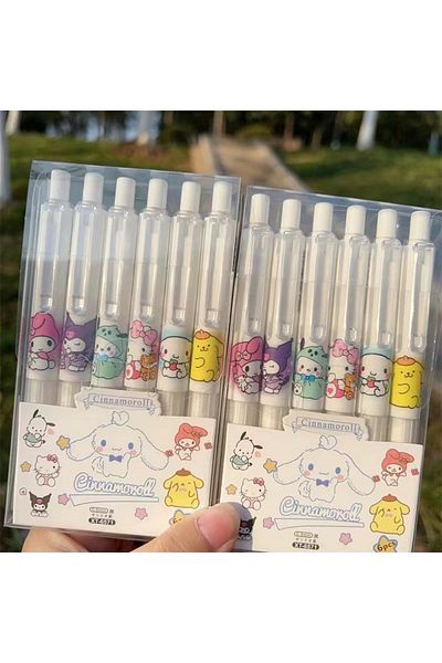 Miniso 6 قطع من أقلام الجل الكرتونية سينامورول، 6 قطع من أقلام الجل الكرتونية هيلو كيتي، سينامورول كورومي سريعة الجفاف، أسود، 0.5 متر