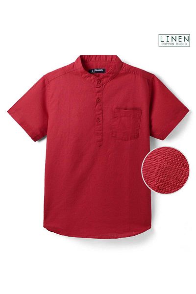 Pine kids Pine Kids Linen Woven Half Sleeves Mandarin Collar Solid Shirt - Bittersweet Red