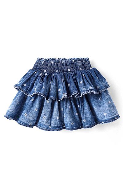Babyhug Mid Thigh Frilled Denim Skirt With Floral Print - Blue