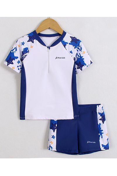 Pine kids Half Raglan Sleeves Two Piece Swimsuit & Cap with Star Fish Print - Blue & White