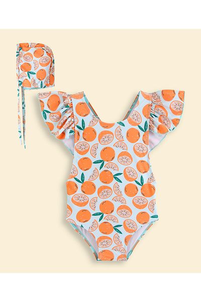 SAPS Orange Slice Printed V Cut Swimsuit With Cap - White/Orange