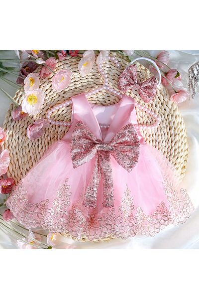 Choice 1-3Month Pink Ylsteed Newborn Photography Outfits Girl Big Bow Lace Dress with Glitter Bow Headband