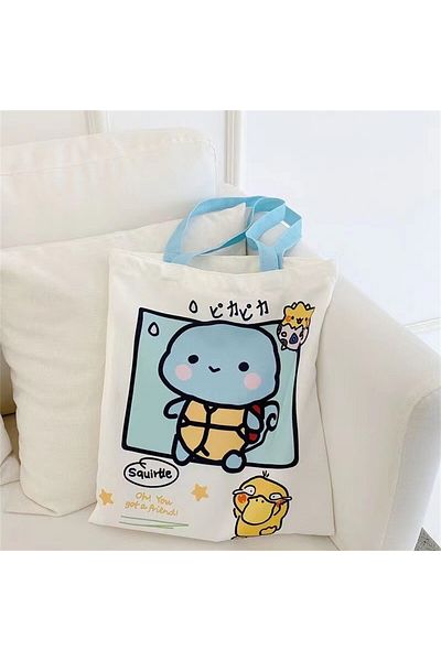 Miniso Squirtle Anime Pokemon Pikachu Psyduck Sqirtle Portable Canvas Tote Handbags Kawaii Cartoon Shopping