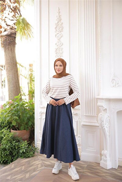 Bwest O Neck Horizontal Stripes Long Sleeve Short Slit Short Tunic - (38-46) - 71296 - Mink