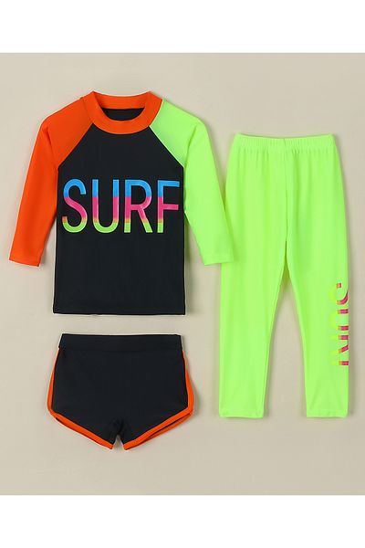 SAPS Surf Print Quick Drying Full Sleeves Three Piece Swimsuit - Black/Green/Orange