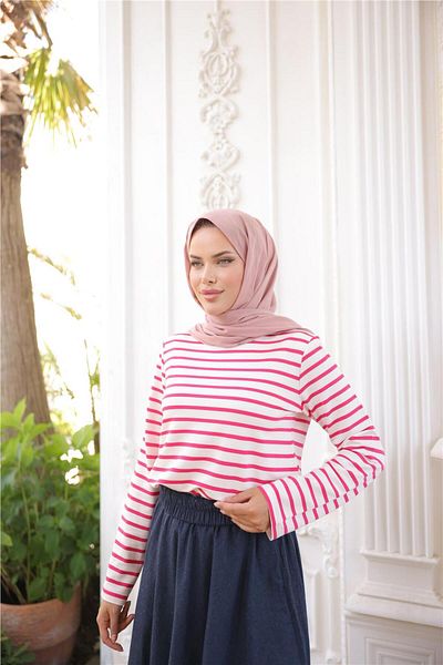 Bwest O Neck Horizontal Stripes Long Sleeve Short Slit Short Tunic - (38-46) - 71296 - Fuchsia