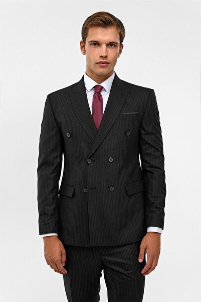 SÜVARİ Black Slim Striped Pointed Collar 6 Drop Suit