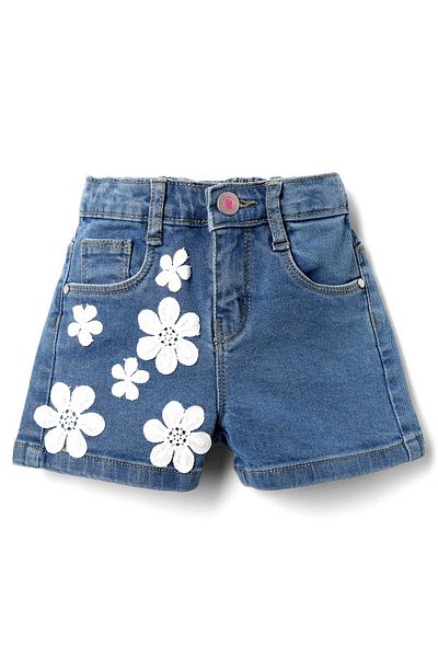 Babyhug Mid Thigh Denim Shorts with Floral Applique - Light Blue