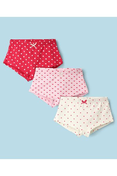 Pine kids مجموعة من 3 سراويل داخلية نسائية من Pine Kids مصنوعة من القطن والإيلاستين المحبوك بنقشة نقاط البولكا وقلب - أحمر/وردي/أبيض