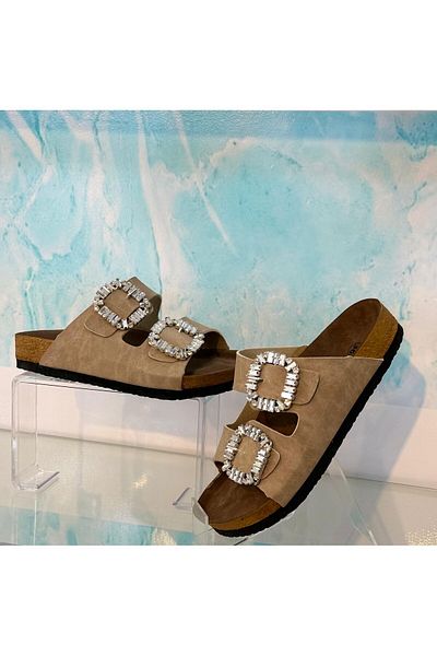 Nexs Mahcerys Women's Stoned Double Buckle Beige Slippers (Not Wear in Water)