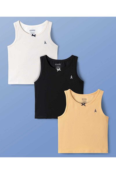 Pine kids Cotton Lycra Knit Sleeveless Logo Printed Vests Pack Of 3 - Black/Beige/White