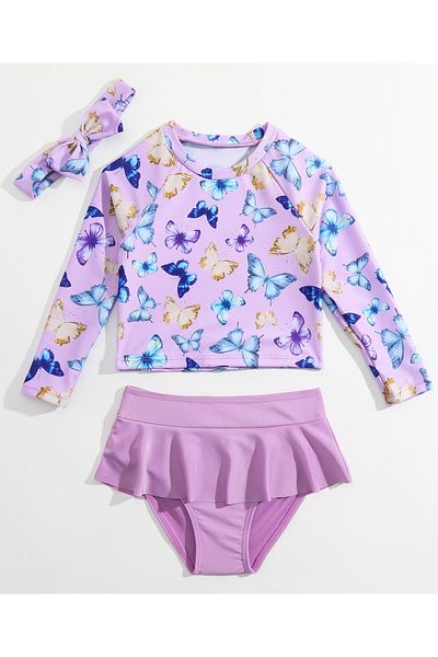 SAPS Butterfly Printed Two Piece Swimsuit With Matching Headband - Purple
