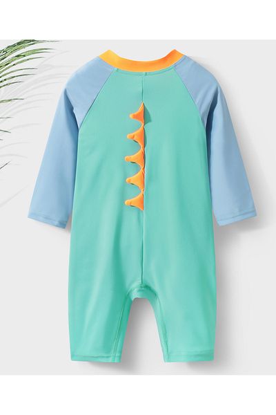 SAPS Dino Print Quick Drying Full Sleeves Legged Swimsuit with Swimming Cap - Green & Blue