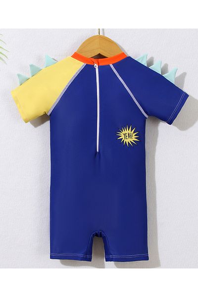 Babyhug Half Sleeves Legged Swimsuit with Dino Print - Navy Blue