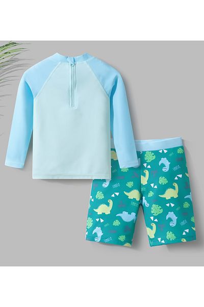 SAPS Dinosaur Printed Sun Top With Swim Shorts and Cap - Green/Blue