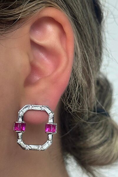 TAKIŞTIR Silver Color Pink Stone Detailed Earrings (Pair)