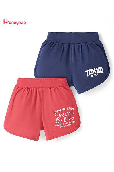 Honeyhap Premium 100% Cotton Knit Shorts Text Print Pack of 2-Navy Peony and High Risk Red