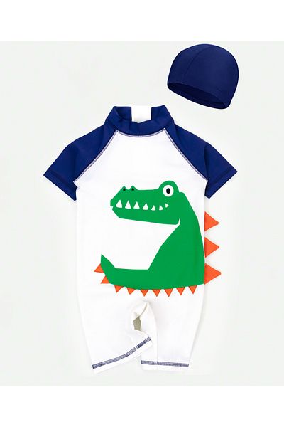SAPS Dino Graphic Short Sleeves Legged Swimsuit with Cap - Blue/White/Green